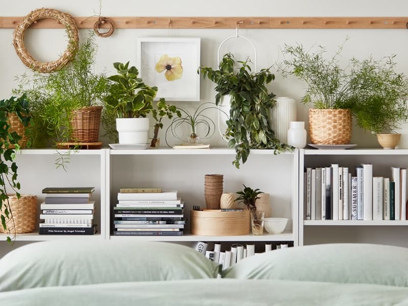 Multiple potted plants, real and artificial, stand amid books and decoration on shelves by a bed with BERGPALM bed linen.