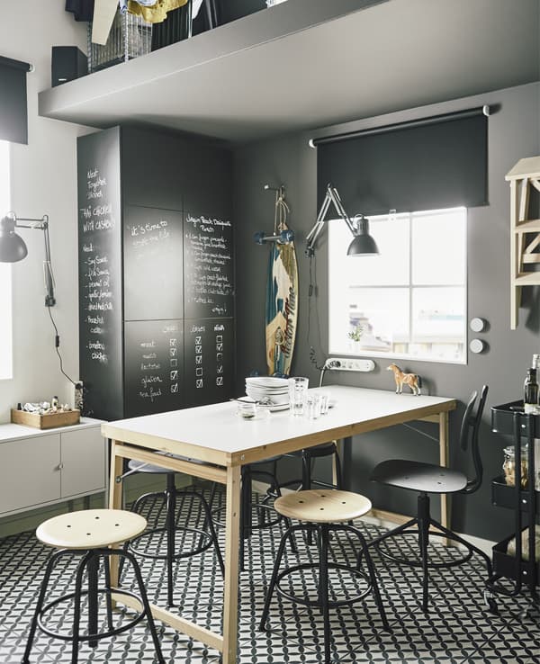 Need space-saving furniture? Try GÖRAN foldable kitchen table in white/pine. It’s big but doesn’t take up much space when folded. Multi-purpose furniture also comes in handy, such as kitchen cabinets with chalkboard doors.