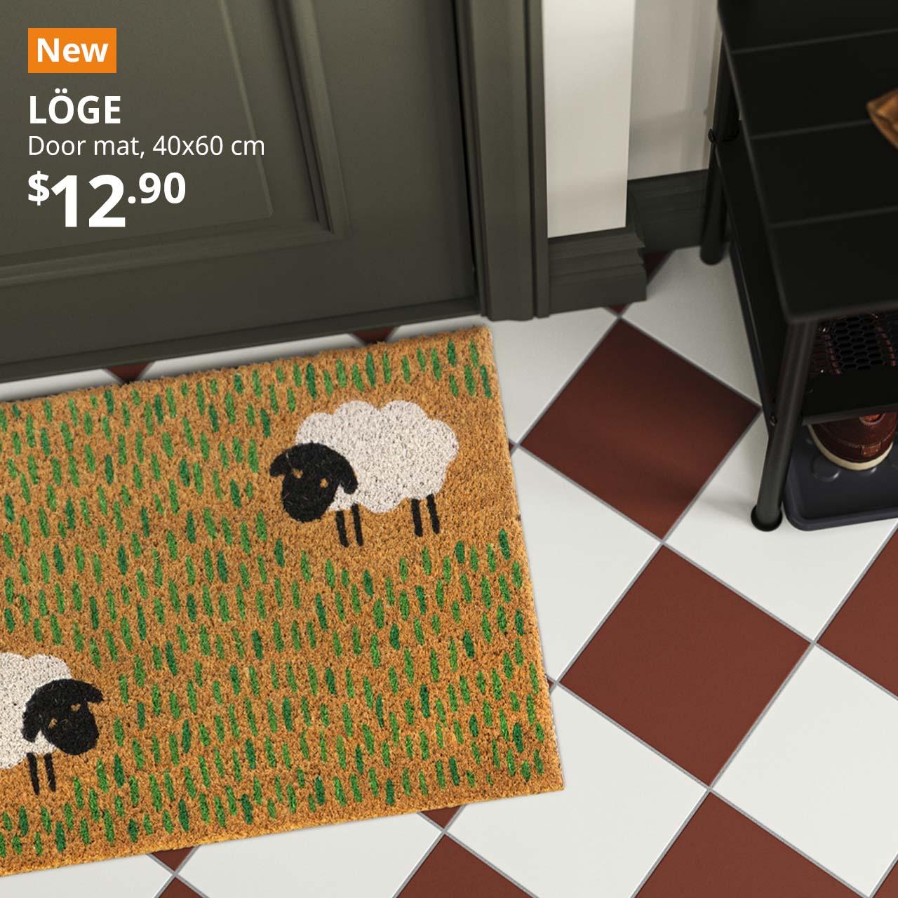 New IKEA product. LÖGE door mat, multicolour/animal pattern, 40x60 cm. Price: $12.90