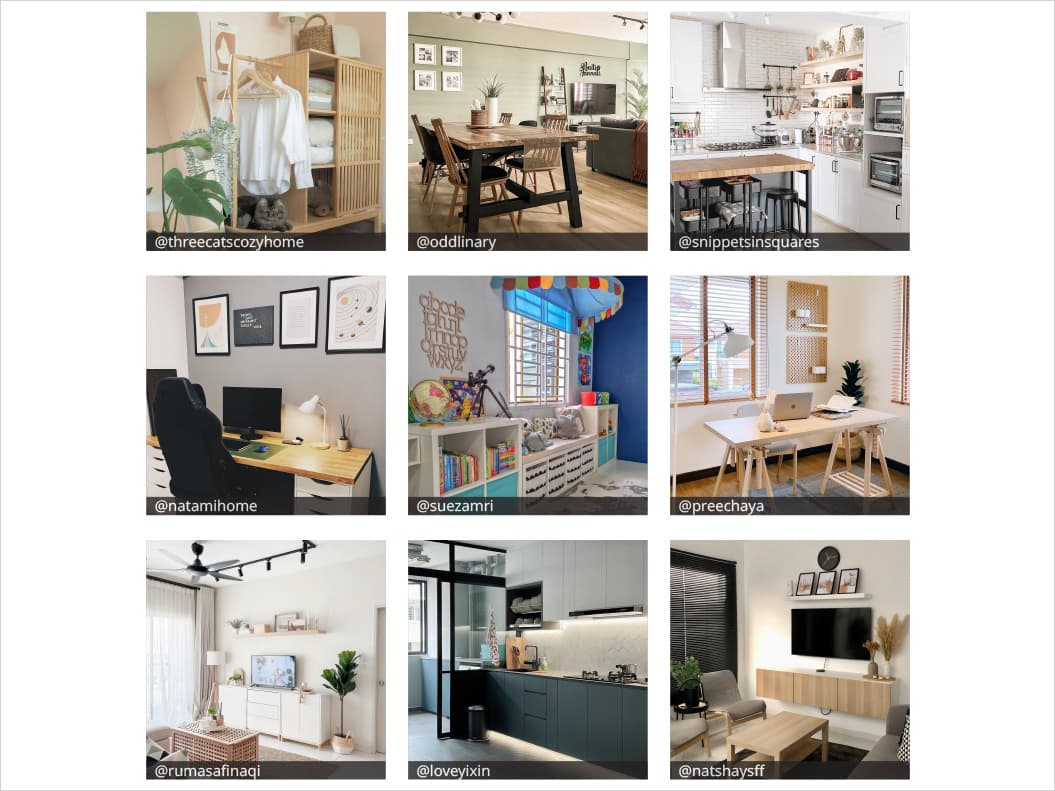 Nine different images of IKEA in real homes user generated content UGC images from different homes in Singapore showing how customers use IKEA products in their home.
