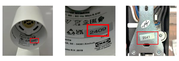 NYMÅNE wall/reading lamp:

Date stamp and supplier number can be found on a sticker inside the lamp shade (light source needs to be removed).