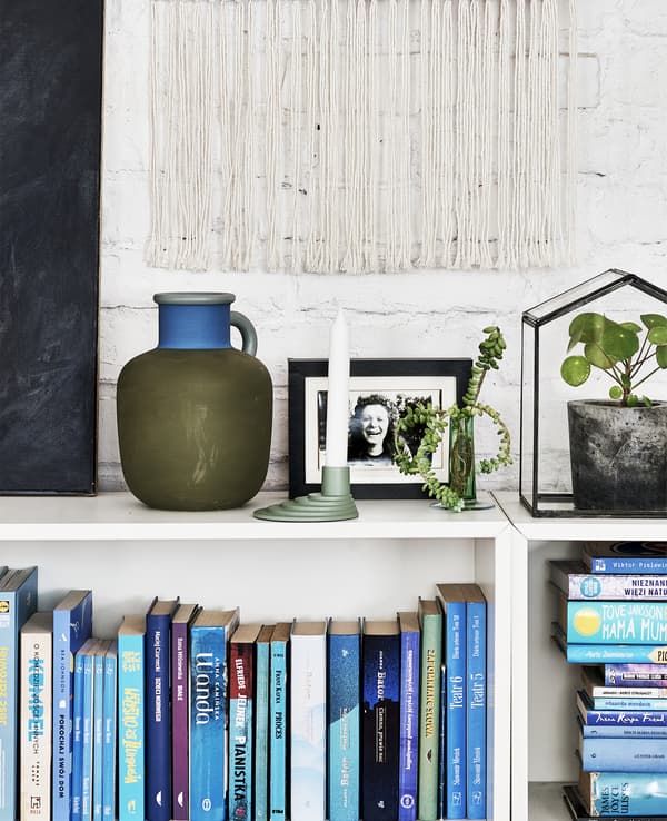 Objets décoratifs au-dessus d’une bibliothèque.