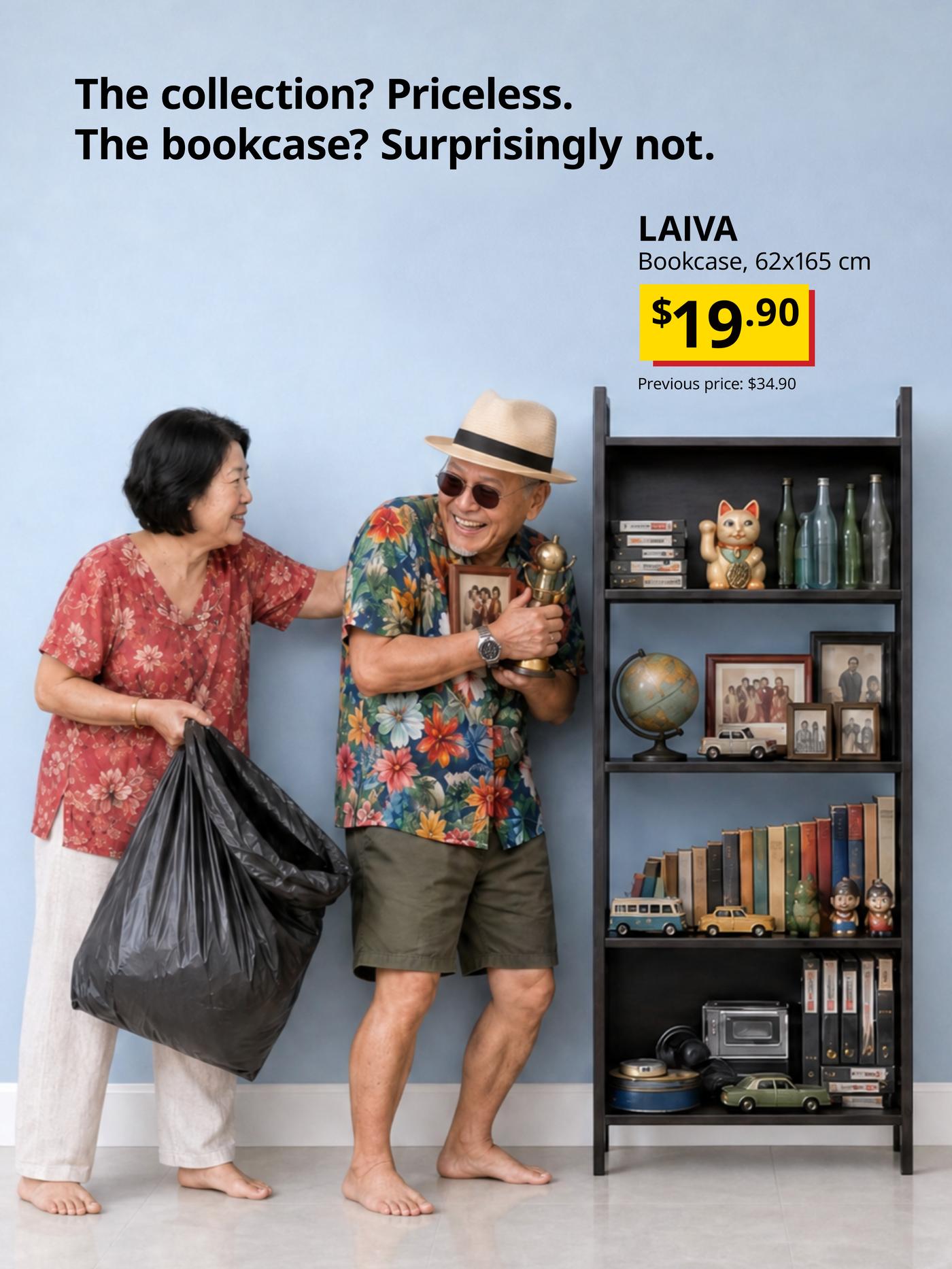 Older couple laughing beside a LAIVA bookcase filled with books, collectibles and treasured keepsakes.