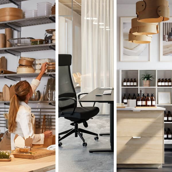 On the left, a woman preparing some food. In the middle, an office space with a desk and a chair. On the right, a wooden cabinet placed in the middle of a store 