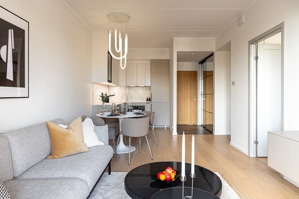 Open-plan living room and kitchen with sofa, dining area, and modern lighting.