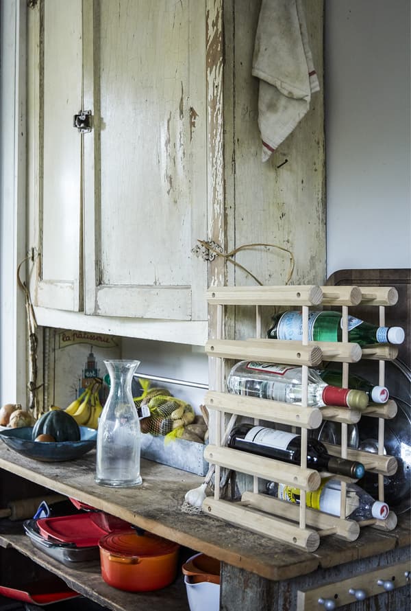 Open storage in the kitchen.