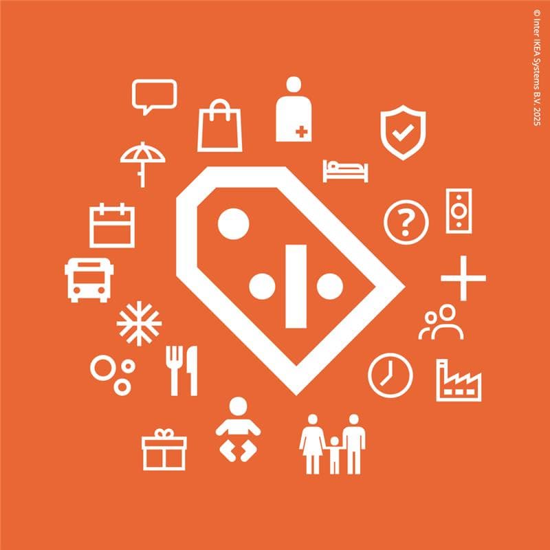 Orange graphic with a central discount tag icon, surrounded by symbols for shopping, travel, insurance, recycling, family and services.