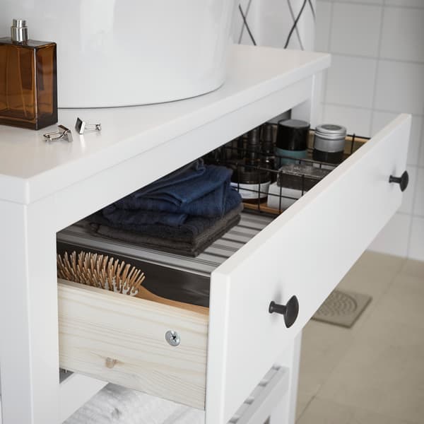Organise with IKEA HEMNES TÖRNVIKEN white open wash stand. The smooth-running and soft-closing drawer pulls out fully, while the rack below stores towels.