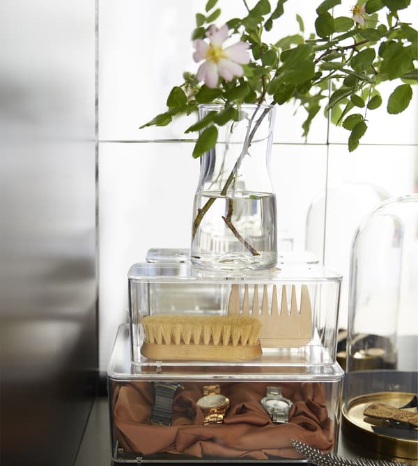 Organise your vanity table with clear plastic containers like GODMORGON boxes with lids from IKEA. The set of five comes in different shapes and sizes so you can sort out your jewellery, makeup and accessories.