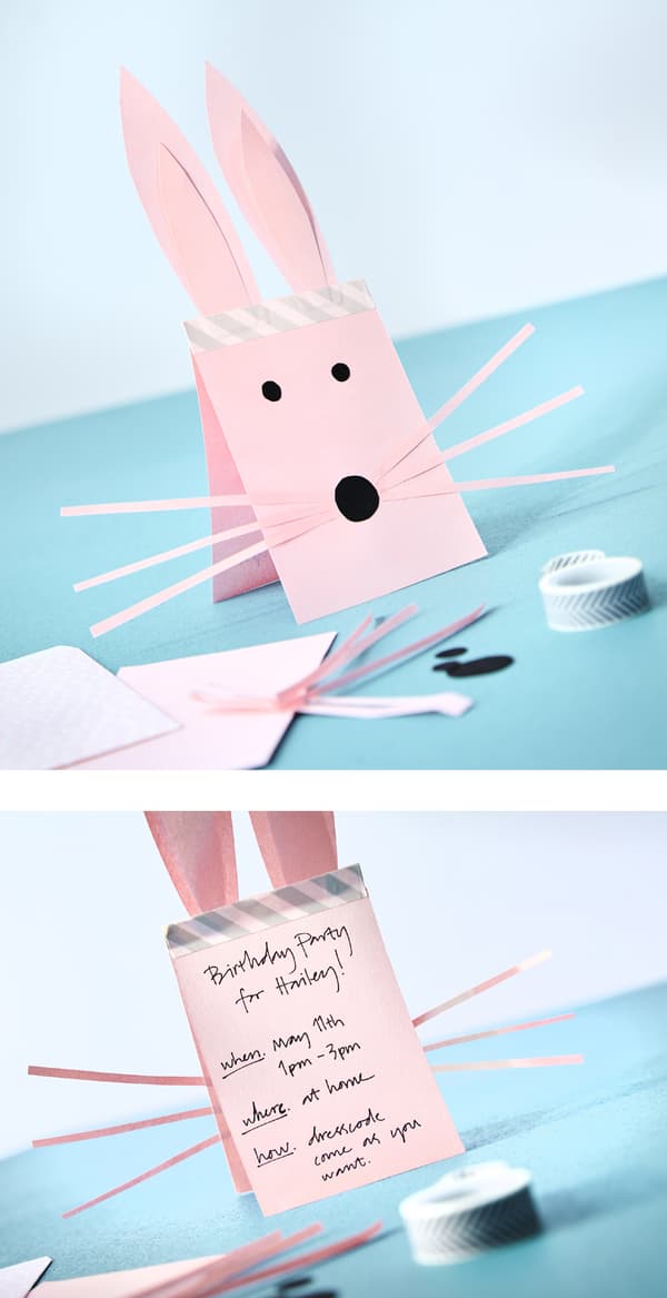 Party information is handwritten on the back of an invitation shaped like a bunny.