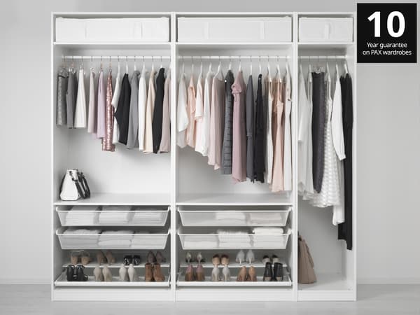 PAX frames against a background with different combinations inside. Black box at top right hand corner reads 10 year guarantee on PAX wardrobes