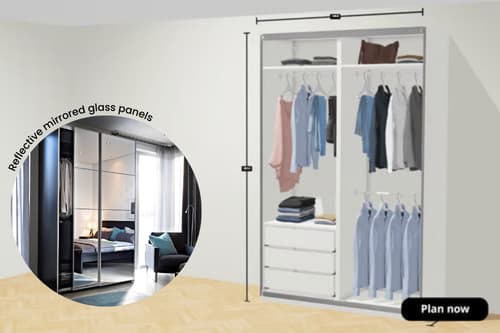PAX planner showing a PAX wardrobe with AULI sliding doors. text on image reads Reflective mirrored glass panels, Plan now. 