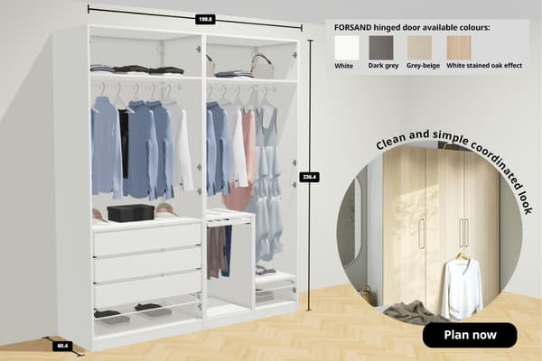 PAX planner showing a PAX wardrobe with FORSAND hinged doors. text on image reads Clean and simple coordinated look, Plan now. 