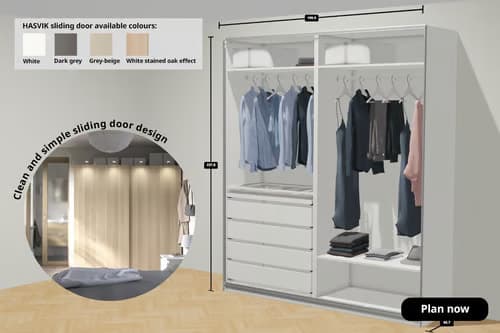 PAX planner showing a PAX wardrobe with HASVIK sliding doors. text on image reads Clean and simple sliding door design, Plan now. 