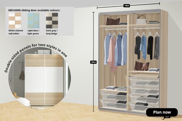 PAX planner showing a PAX wardrobe with MEHAMN sliding doors. text on image reads Double-sided panels for two styles in one, Plan now. 