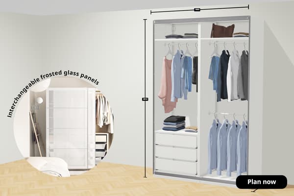 PAX planner showing a PAX wardrobe with SVARTISDAL sliding doors. text on image reads Interchangeable frosted glass panels, Plan now. 