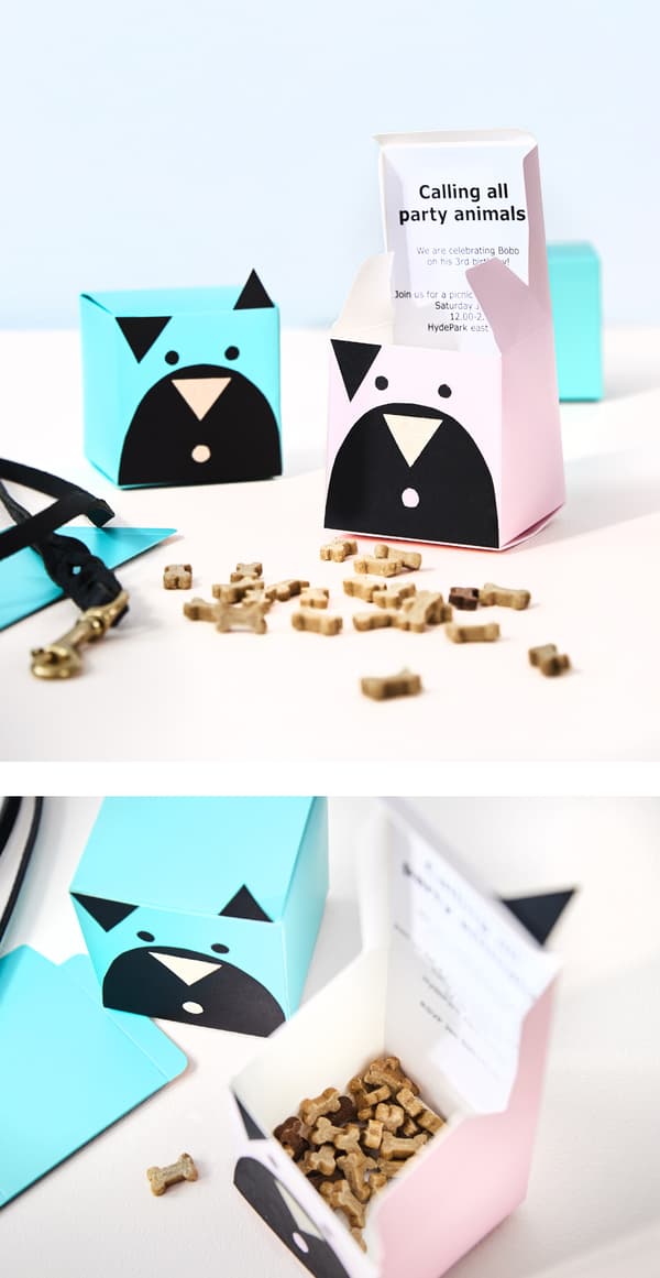 Petite boîte en papier décorée pour représenter un chien et remplie de biscuits pour chien.
