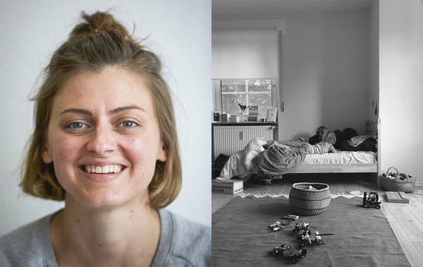 Photo de Nina et photo en noir et blanc d’un coin de la chambre des enfants, avec un lit et un grand tapis.