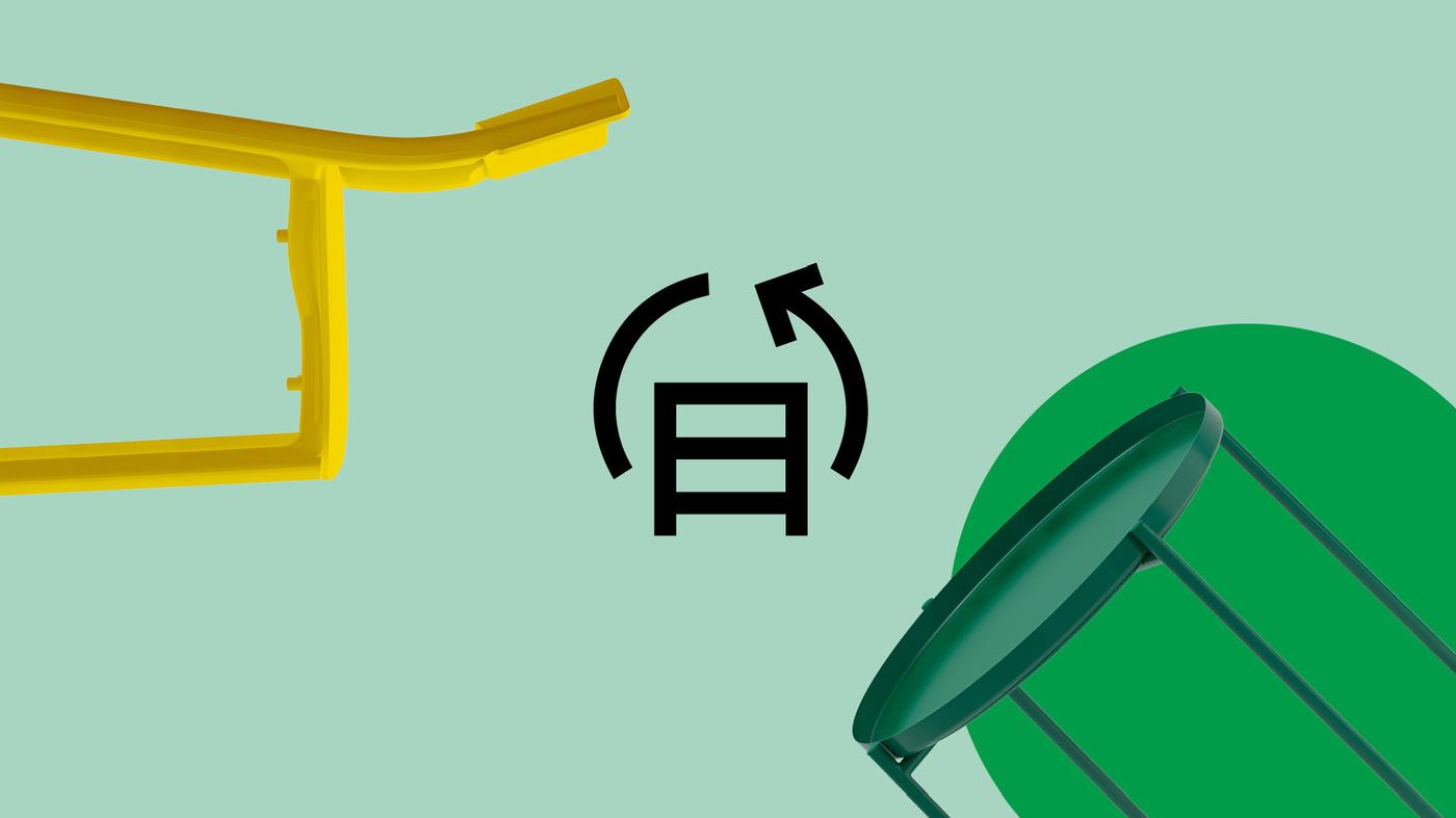 Pieces of furniture are floating on a green background. The IKEA buy back and resell service icon is situated in the middle.