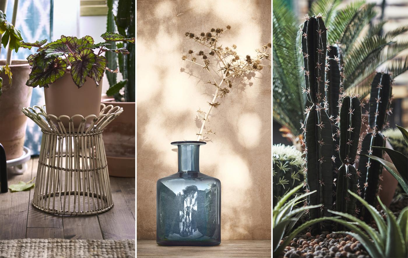 Piédestal en rotin, vase bleu et cactus artificiel.