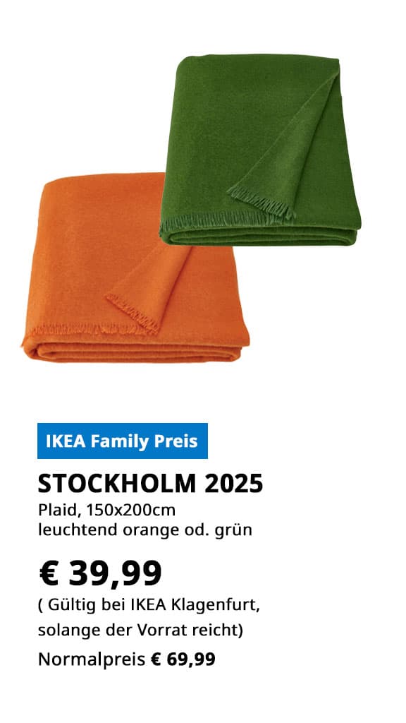  Plaid Stockholm 2025, 150x200cm, leichtend orange oder grün, statt € 69,99 zum IKEA Family Preis von € 39,99.