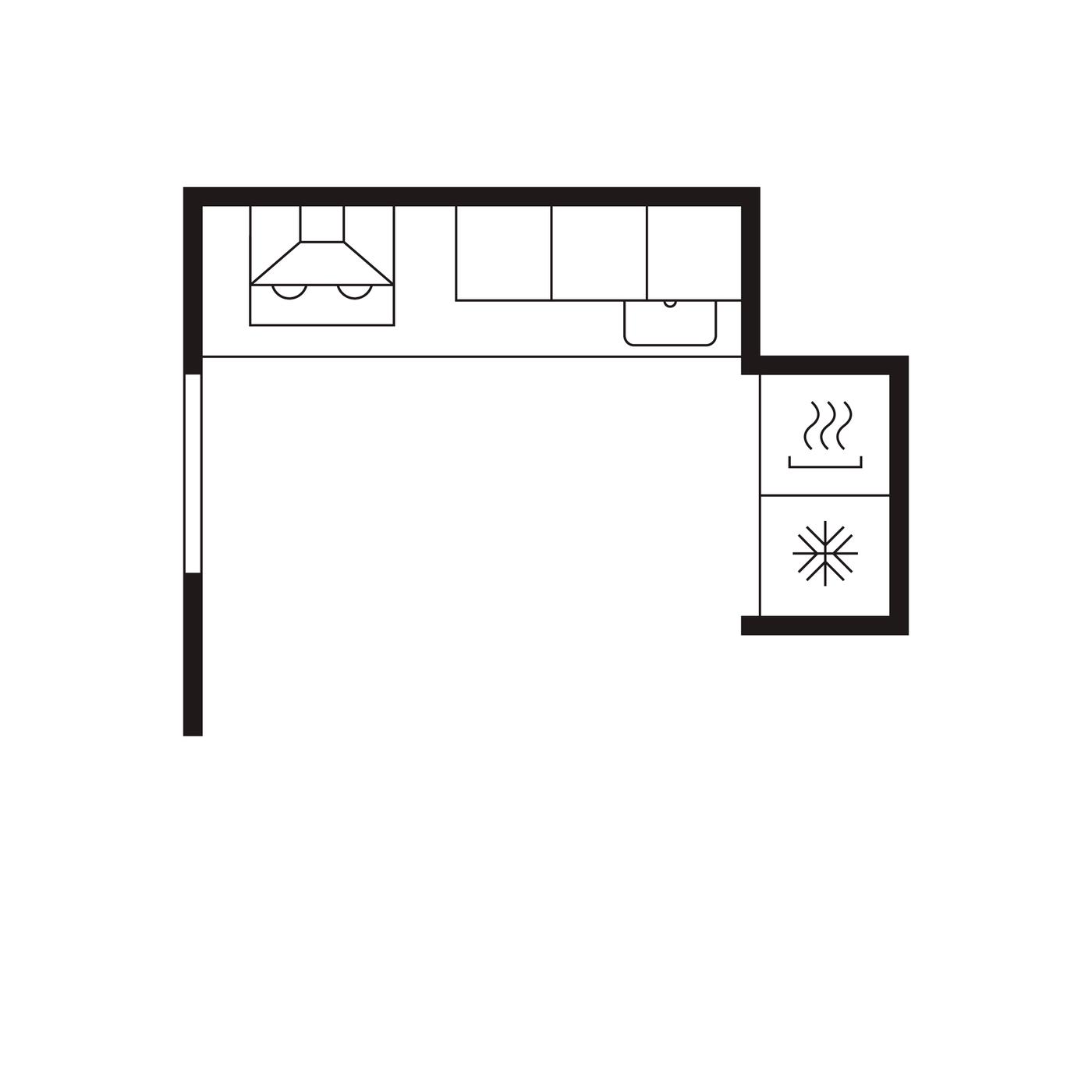 Plano de una cocina en forma de L.