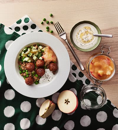Plant balls with grains, green peas, apple compote and honey sour cream
