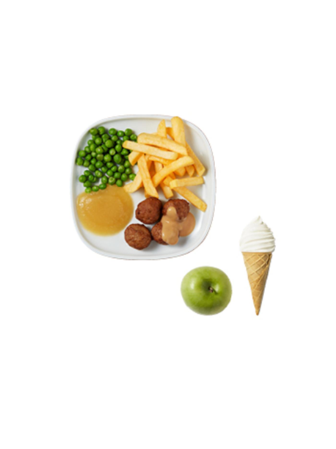 Plate with meatballs, fries, peas, applesauce, and gravy, served with a green apple and a vanilla ice cream cone.