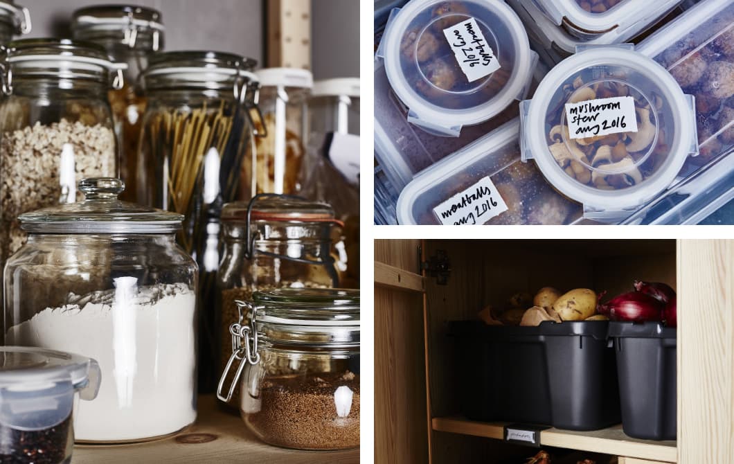 Plusieurs photos d’aliments rangés dans des contenants ou des boîtes en plastique, et dans des pots en verre placés sur un comptoir.