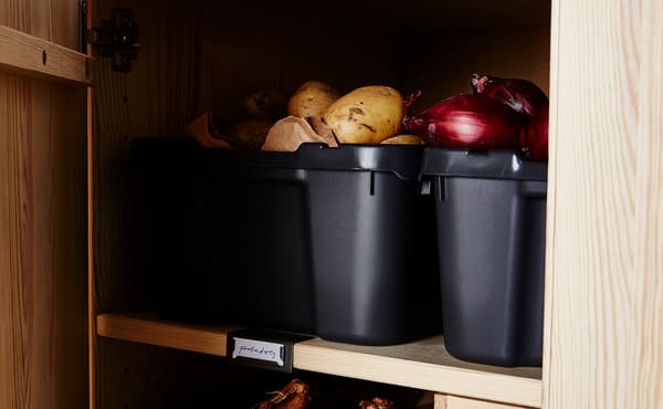 Potatoes and onions are stored in plastic containers in a cabinet.