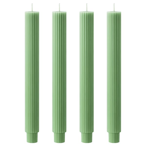 Product image of four textured, green-coloured taper candles.