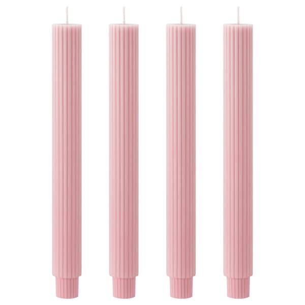 Product image of four textured, rosa-coloured taper candles.