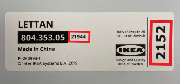 Product information label on the backside of the LETTAN mirror, product number 80435305. The supplier number 