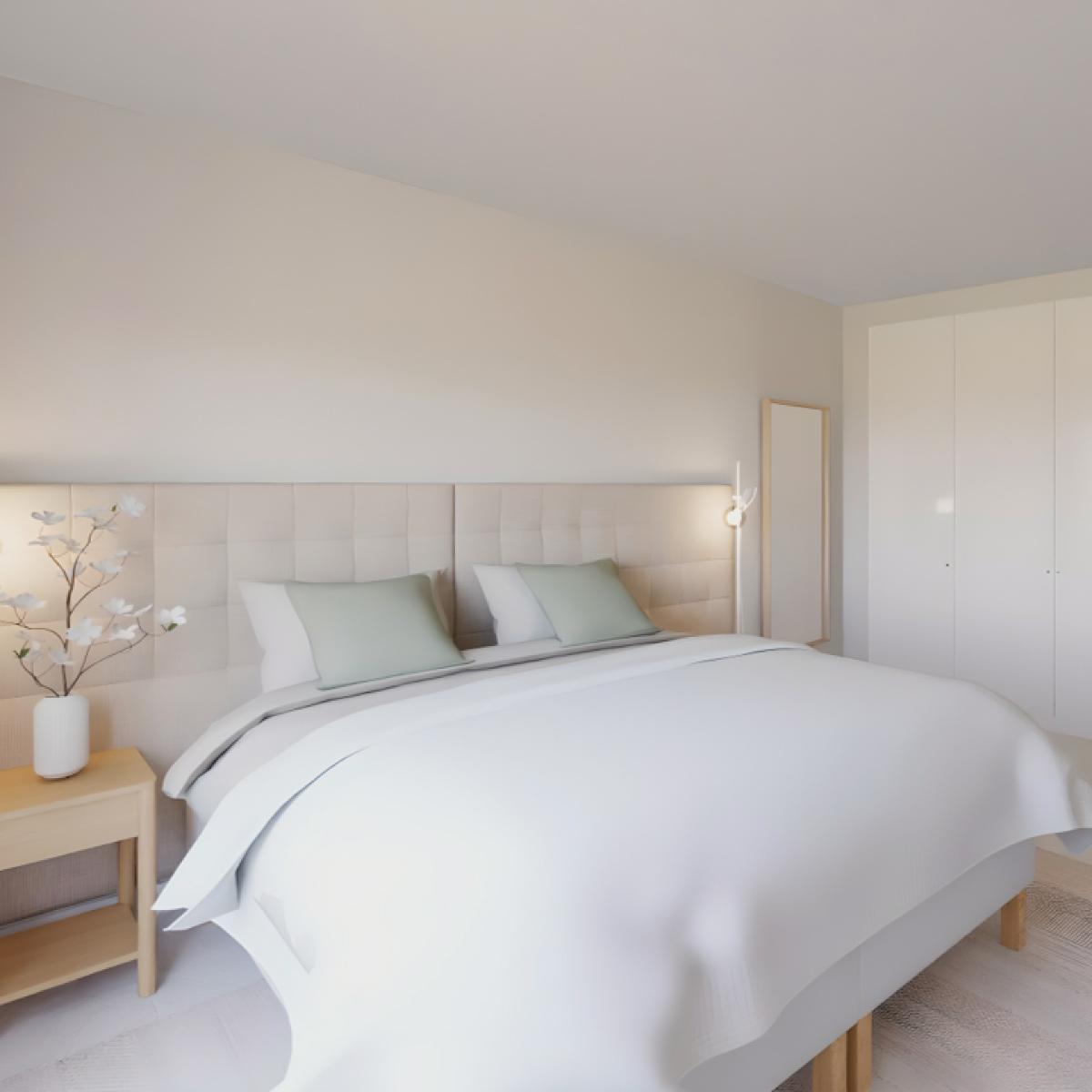 Projeto de Design de interiores com cama de casal com cabeceira RYKKINN