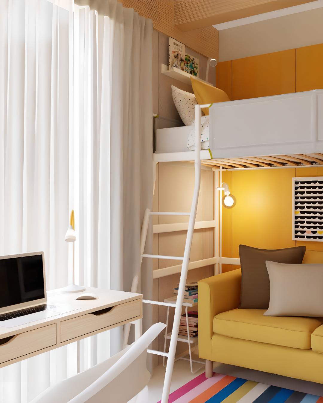 Projeto de Design de interiores de um quarto de adolescente com beliche VITVAL, sofá amarelo e secretária