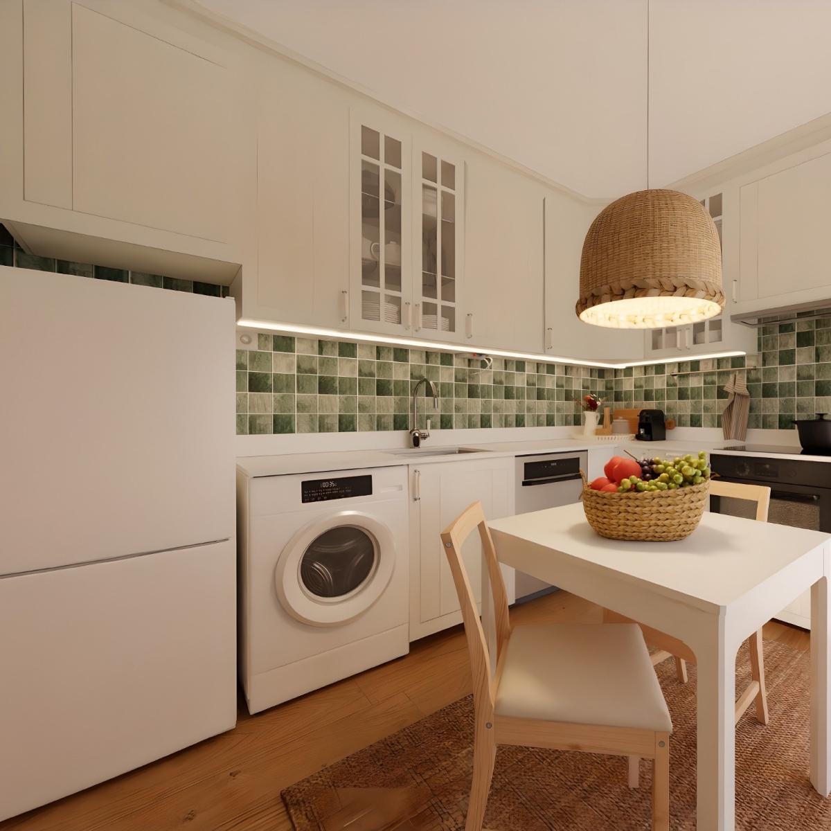Projeto de Design de interiores de uma cozinha de estilo tradicional branca