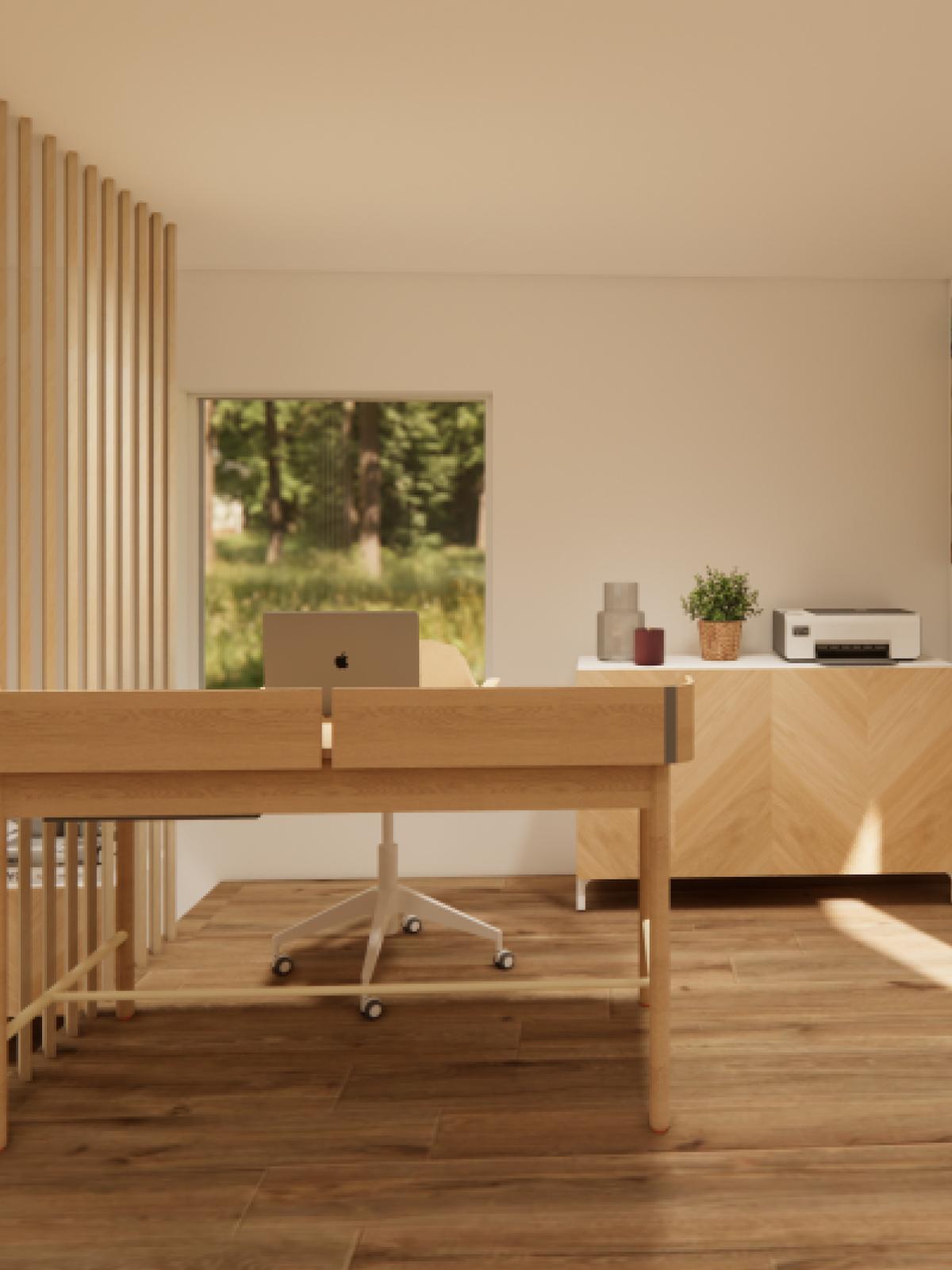 projeto de design de interiores de uma sala rústica e moderna com um sofá cinzento e um móvel de arrumação BESTÅ