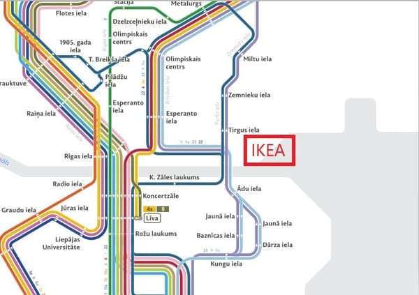 Public transport map of Liepāja, Latvia, showing tram and bus lines with a highlighted red box indicating the location of IKEA near the 'Tirgus iela' stop.