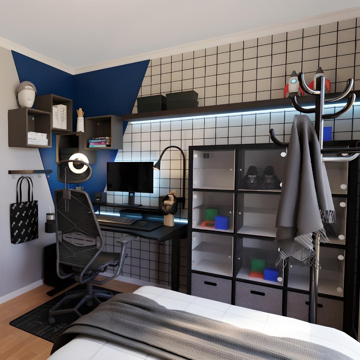 Quarto gaming com espaço funcional