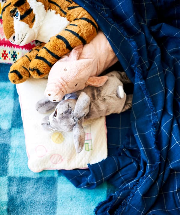 Quelques peluches à demi recouvertes par un plaid bleu sur un tapis bleu.