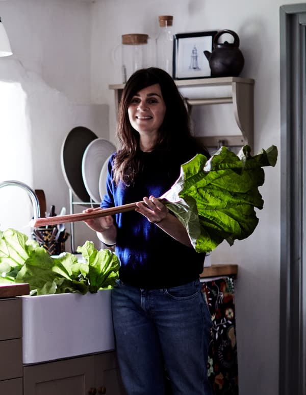 Rebecca picks fresh rhubarb.