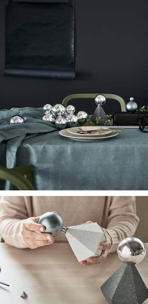 Recyclez vos décos de Noël et boîtes cadeaux telles que les modèles VINTER 2017 en gris et argenté signés IKEA. Il suffit de faire un trou au sommet de la boîte (qui a une forme de pierre taillée), puis de poser au-dessus une décoration grise ou argentée assortie. Consolidez avec une pointe de colle si nécessaire. 