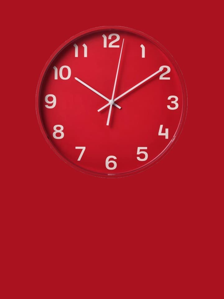 Red – Red wall clock with white hands and numerals