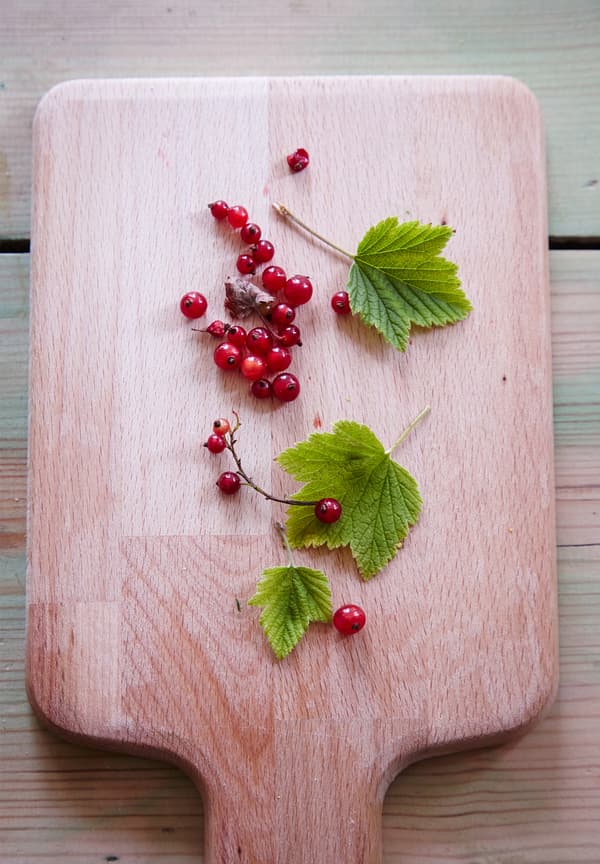 Remove tough stalks and leaves from the redcurrants.