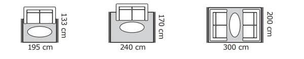 Ritningar av tre soffgrupper med mattor i olika storlekar: 195×133 cm, 240×170 cm och 300×200 cm, visade i jämförande vy.