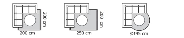 Ritningar av tre sofflayouter med hörnsoffor och rundat bord: 200×200 cm, 250×200 cm och cirkulär uppställning med Ø195 cm.