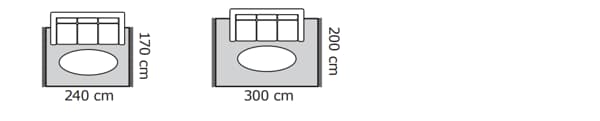 Ritningar av två vardagsrumsplaner med soffa och soffbord på mattor i storlekarna 240×170 cm och 300×200 cm.