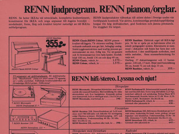 Rosa tidningsannons med illustrerat piano och vinylspelare på.