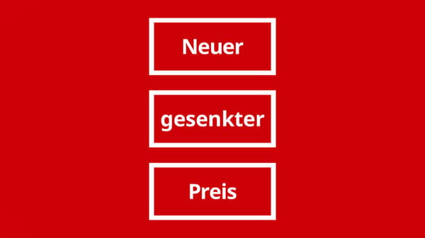 Rotes Werbebild mit weißem Text: „Neuer gesenkter Preis“ – in drei einzeln umrahmten Textfeldern auf rotem Hintergrund, typisches IKEA-Angebotsdesign.