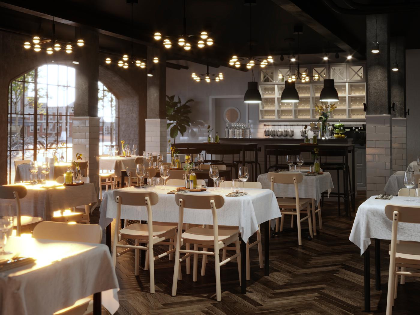 Ruim restaurantinterieur met berken RÖNNINGE stoelen en TOMMARYD tafels met witte tafellakens, gedekt met glazen en bestek.